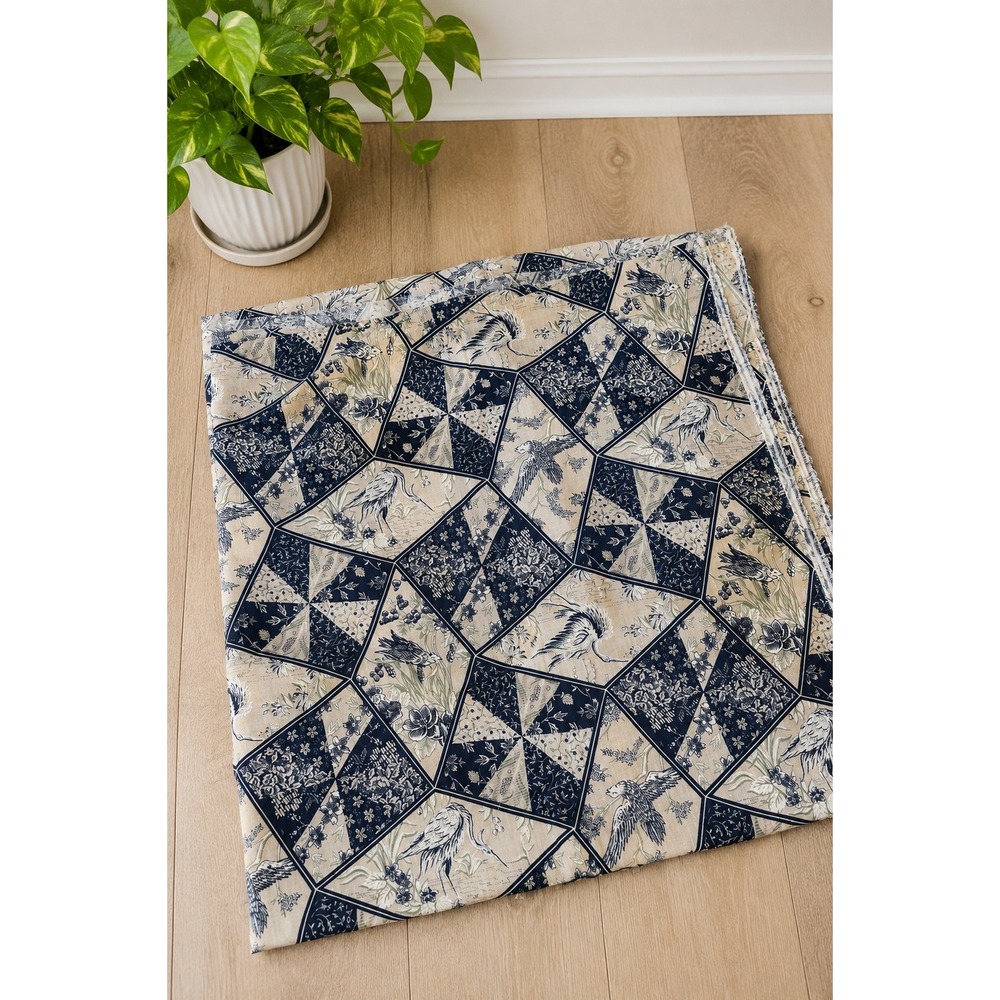Vintage Michael Miller Japanese Cranes Cotton Quilt Fabric 45x168 Blue Floral